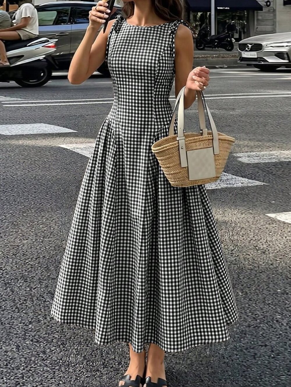 Black and White Elegant Women's Knot Ruched Zipper Plaid A-Line Midi Dress - Picture 3 of 3